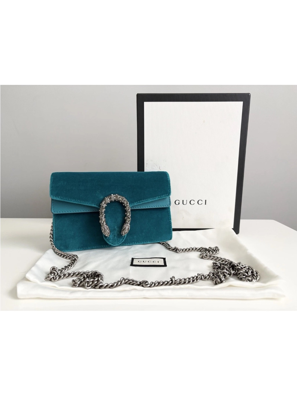 Gucci Gg Dionysus Teal Blue Velvet Super Mini Silver Chain Crossbody Purse Bag